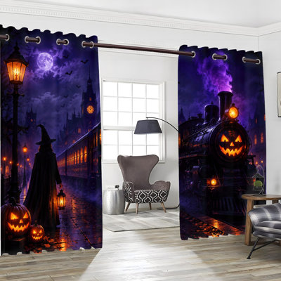 2 PCS rideaux occultants avec œillets, train d'Halloween avec drapeaux en polyester imprimé scène de sorcière, isolation thermique, réduction du bruit, protection de la vie privée, rideaux obscurcissants pour la chambre à coucher, cuisine, intérieur, maison, décoration