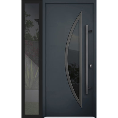 Porte d'entrée extérieure prémontée en acier Deux 6501 Anthracite, fenêtre latérale extérieure avec inserts en acier inoxydable, style moderne, peinte - L 36 + 14 x H 80 - Ouverture à gauche vers l'intérieur