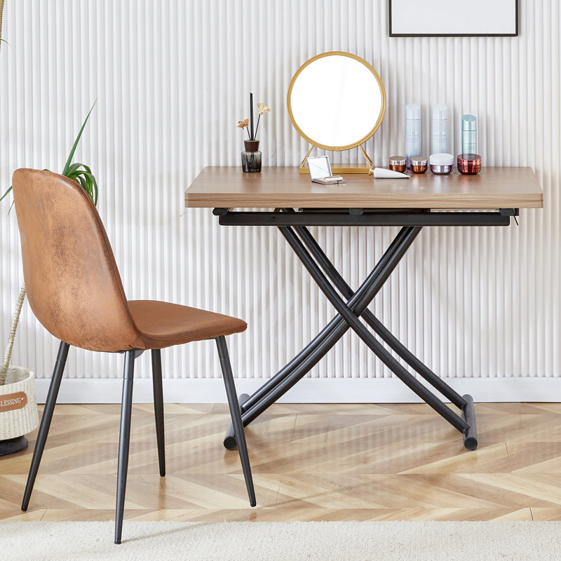 43.3" Convertible Coffee-to-Dining Table with Folding Top and Adjustable X-Lift Base, Black, Natural Wood 