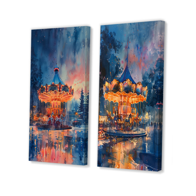 Carrousel de contes de fées orange et bleu, ensemble d'art mural 2 pièces, Toile tendue, H 28 po x l 24 po