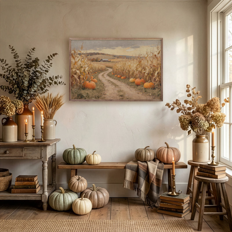 Corn Field Lane With Pumpkins, 24" H x 36" W
