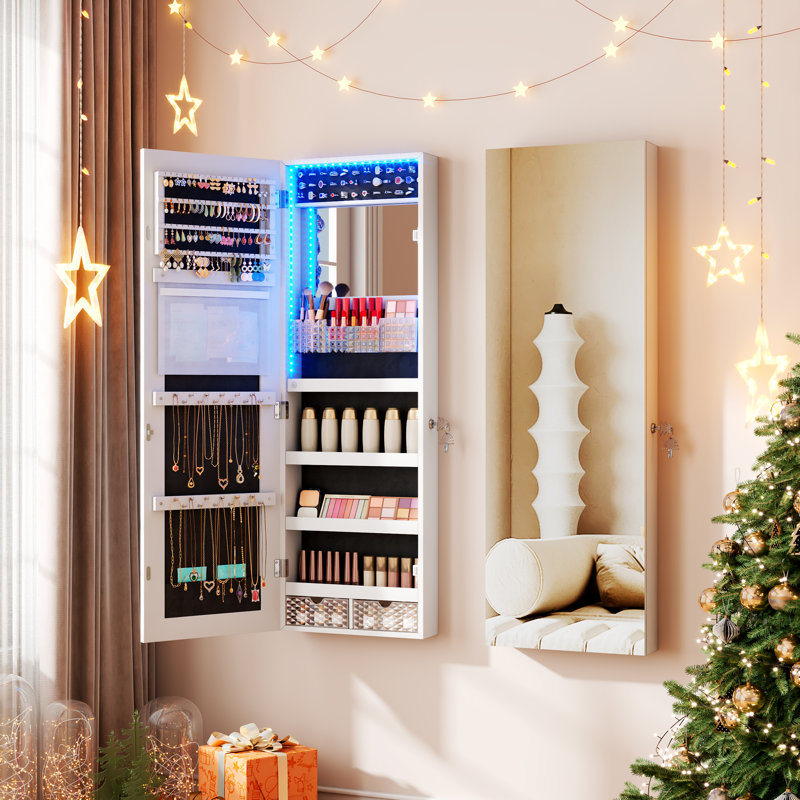 Jewelry Cabinets with Mirror and LED Lights, Door Hanging/Wall Mounted Jewelry Armoire, White