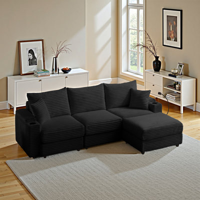 4-Piece Modular Sofa With Ottomans, Comfy Corduroy Upholstered Cloud Modular Convertible Couch With Cup Holders And USB, Phone Holder,Armrest Storage, Deep Seat Oversized