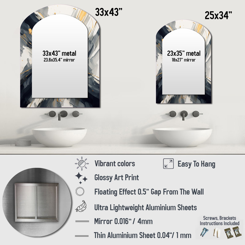 Gold and Grey Abstractions I - Modern Arch Wall Mirror, 34" x 25"