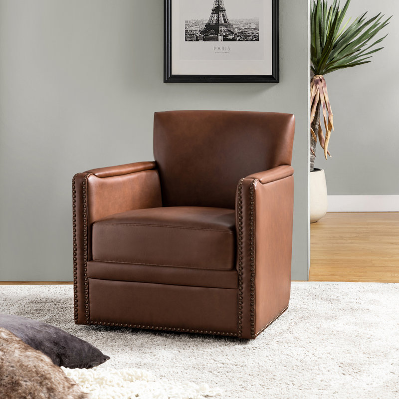 Fauteuil club pivotant en cuir Tessler, Cuir véritable brun