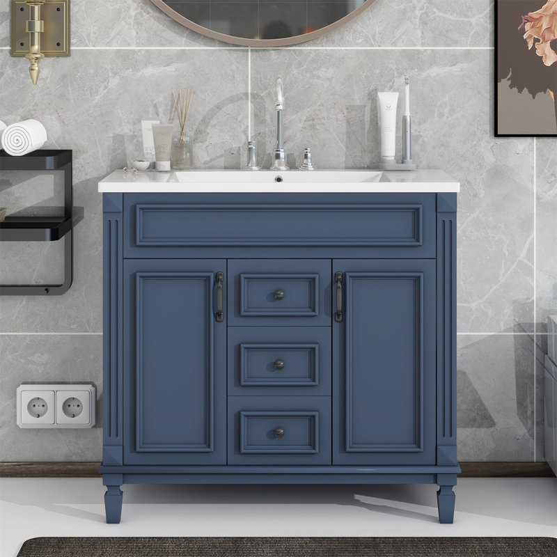 Botarf Bathroom Cabinet, 36'' Bathroom Vanity with Top Sink with 2 Soft Closing Doors and 2 Drawers, Blue