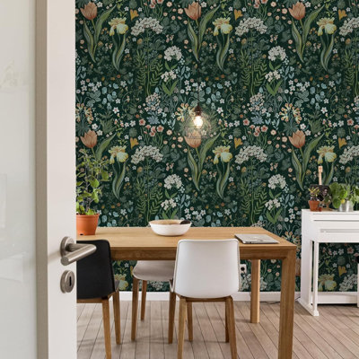 Papier peint adhésif rétro vert floral - Papier autocollant amovible pour murs, meubles et tiroirs - Vinyle imperméable avec grille d'installation facile