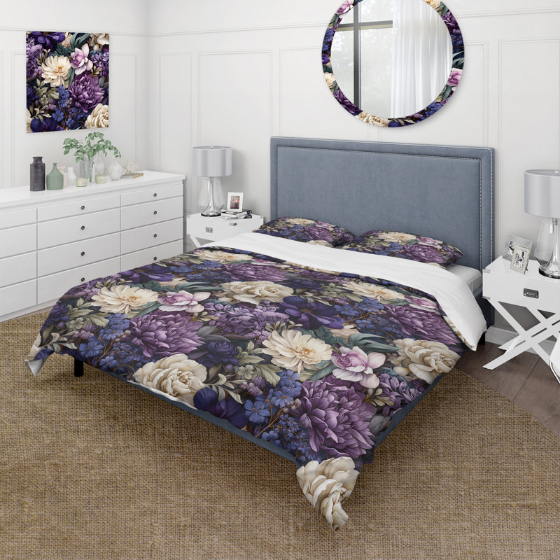 Deep Emerald Purplepeonies Enchante - Ensemble de housse de couette à motif floral