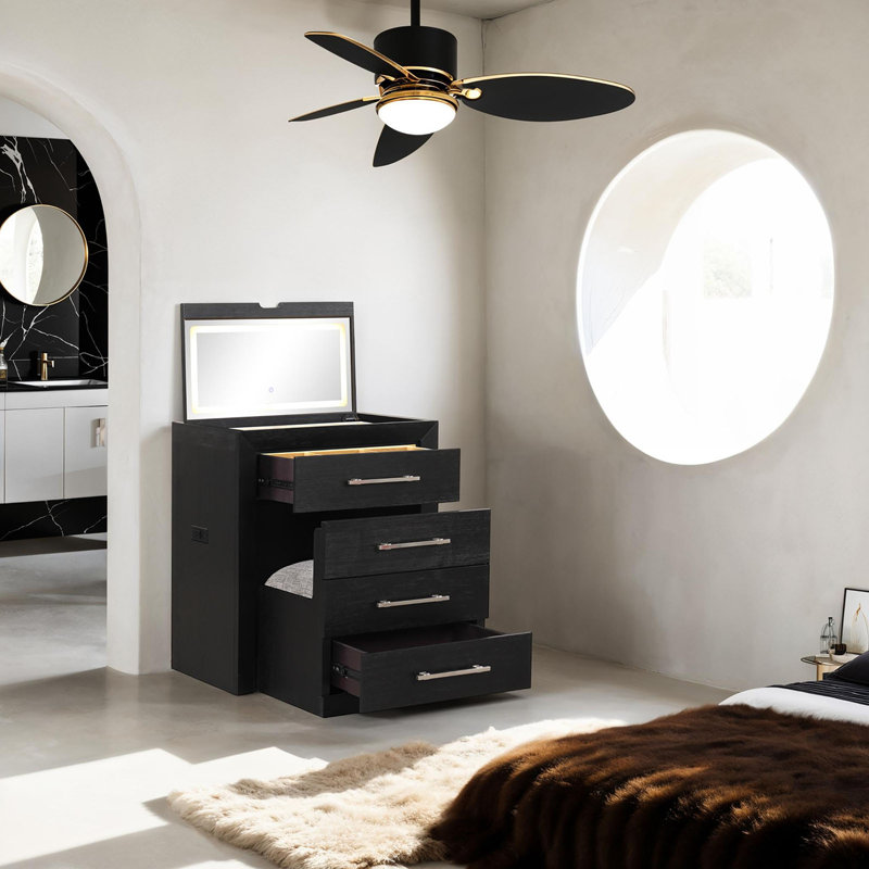 Bedside Vanity Set W/ Stool Black Storage Drawers Nickle Pulls Handles Vanity LED Contemporary Style