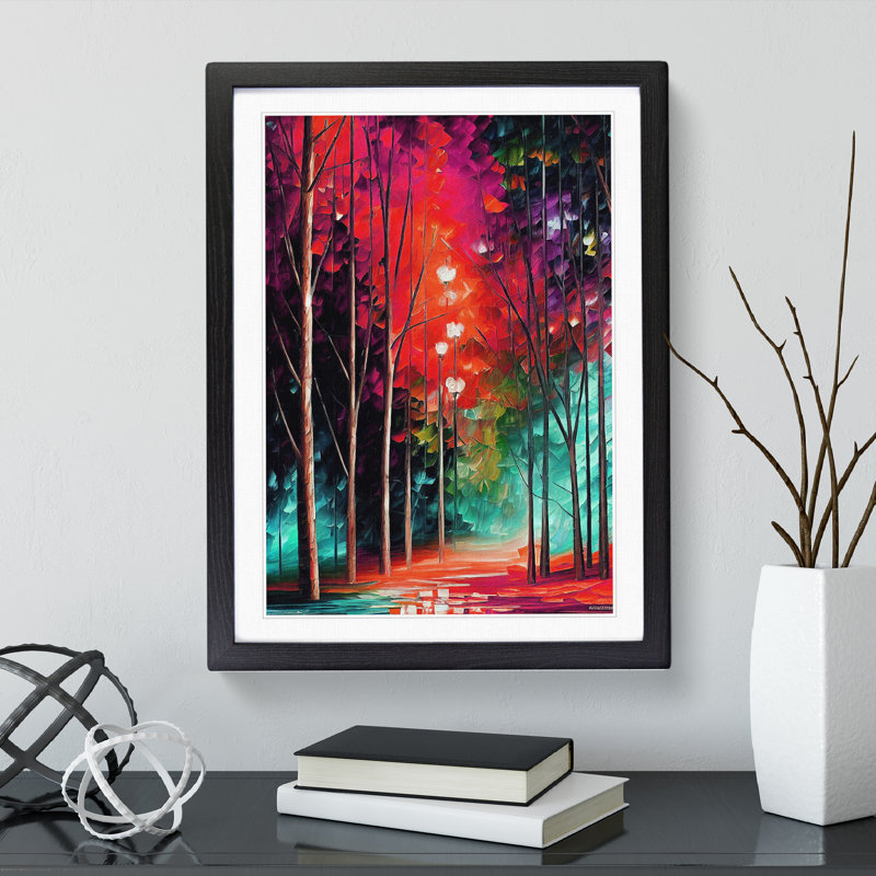 Colourful Woodland Forest No.3 - Single Picture Frame Painting, 64cm H x 46cm W x 2cm D, Black