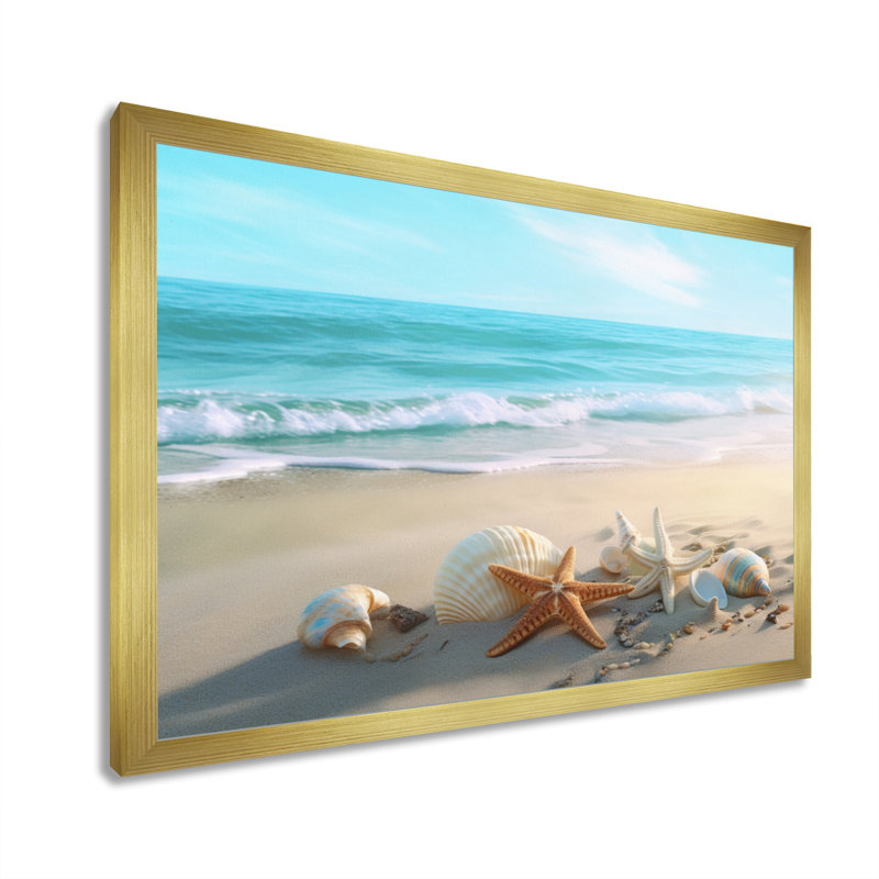 Bord de mer côtier - plage moderne, art mural, Cadre doré, H 16 po x l 32 po x P 1 po