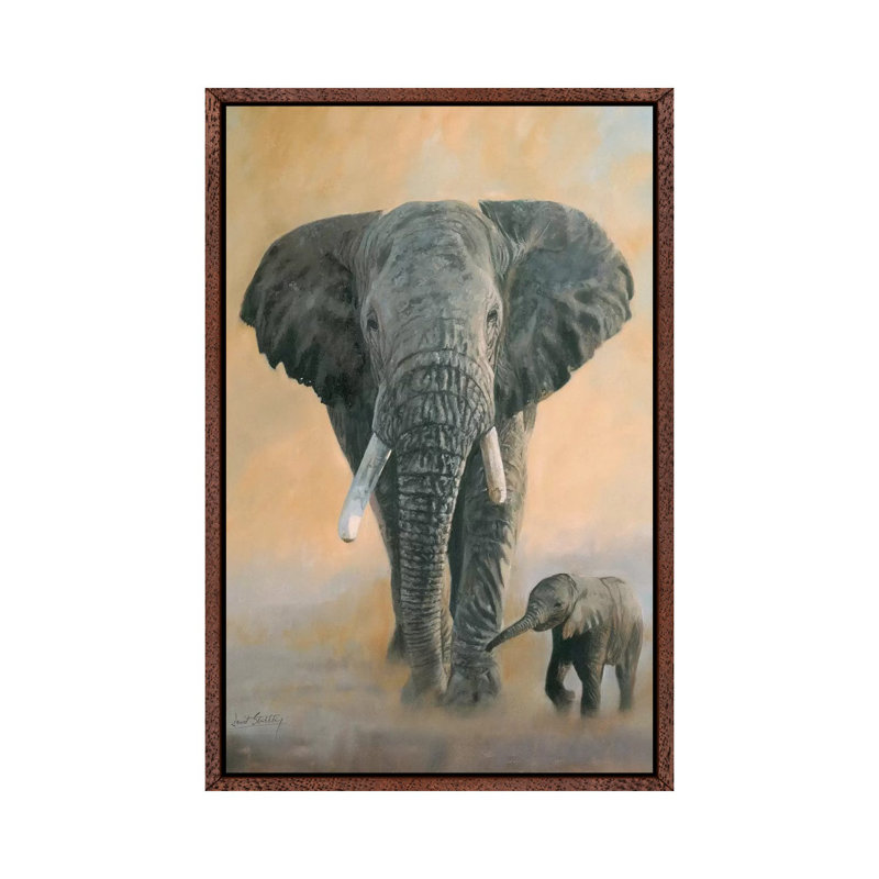 Elephant And Baby by David Stribbling - Painting on Canvas, 101.6 cm H x 66.04 cm W, Classic Brown Wood Framed