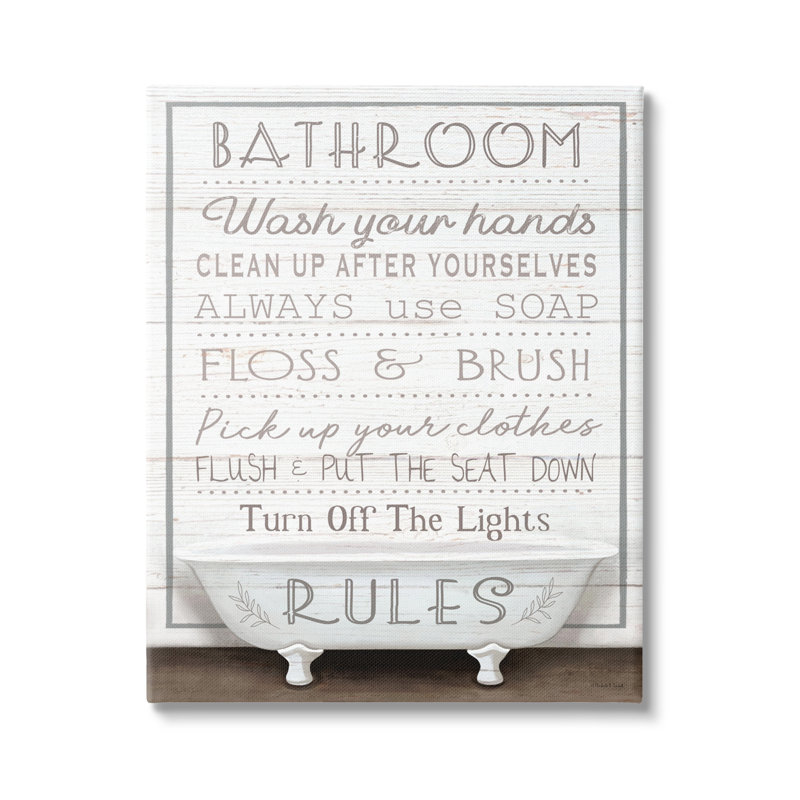 «Rustic Bathroom Rules Bath» par Elizabeth Tyndall, H 20 po x l 16 po x P 1,5 po