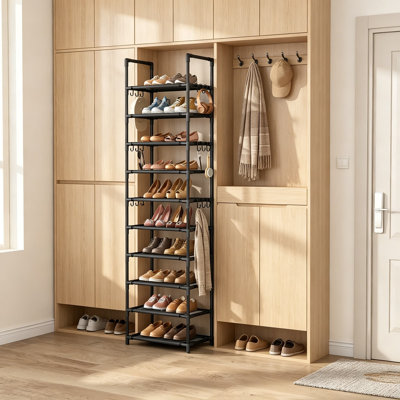 10-Tier Tall Shoe Rack for 20-25 Pairs, Vertical Narrow Shoe Organizer with 18 Hooks, Sturdy Stackable Shoe Storage for Closet, Entryway, Black