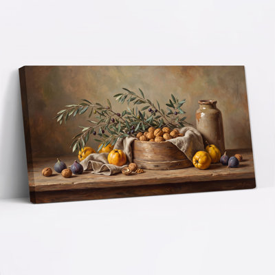 Art mural sur toile en bois avec fruits et noix avec branche d'olivier