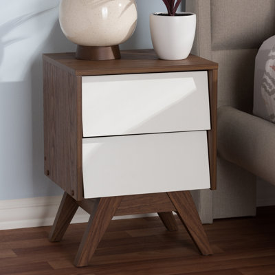Table de chevet 2 tiroirs Cravens en bois fini blanc et noyer, H 21,5 po x l 15,75 po x P 13,75 po