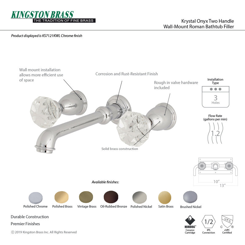 Kingston Brass Krystal Onyx Two-Handle 3-Hole Wall Mount Bathroom Faucet