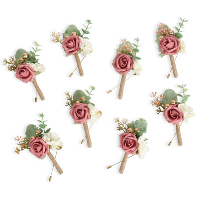 8Pcs Rose Boutonniere For Men Wedding With Pins Groom And Groomsmen Artificial Flower Boutonniere For Wedding Ceremony Anniversary Formal Dinner Party Prom Flowers