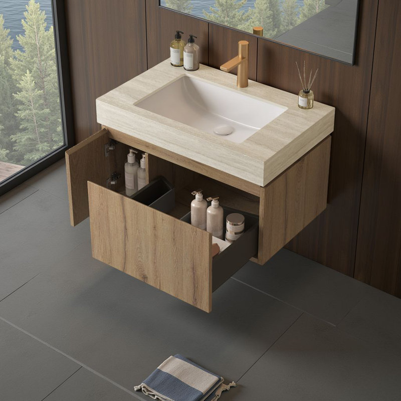 Meuble-lavabo mural avec comptoir en pierre frittée et lavabo en céramique, armoire de rangement avec 1 tiroir et porte à fermeture en douceur