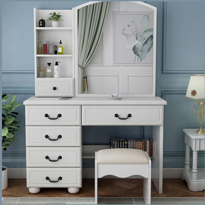 Fashion Vanity Desk with Mirror and Lights for Makeup, Vanity Mirror with Lights and Table Set with 3 Color Lighting Brightness Adjustable, 6 Drawers, White Color