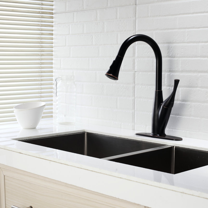 Oil - Rubbed Bronze Pull Out Faucet, Streamlined Silhouette For Kitchen, Life Shine Surface, Repels Water Spots, Single Handle Right Or Left, 360 Degree Swivel Spout, Dual Spray Modes, Mountable