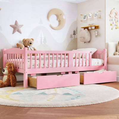 Lit plateforme avec garde-corps pleine longueur, lit plateforme pour enfants avec tiroirs de rangement, tête de lit enfantine et mignonne