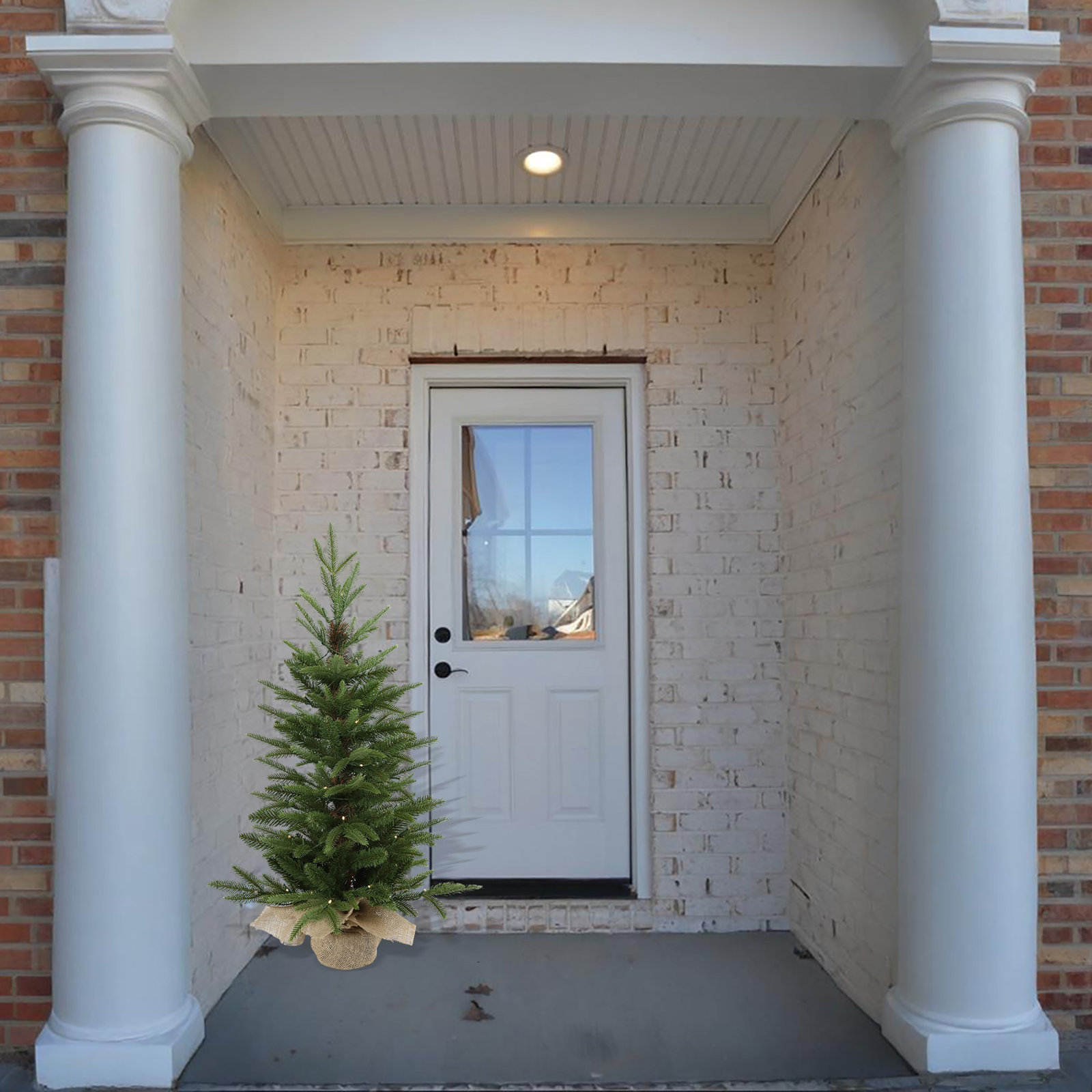 2.95 Ft Farmhouse Pre-Lit Potted Flocked Artificial Christmas Tree, Winter Home And Office Decor For Entrances Indoor