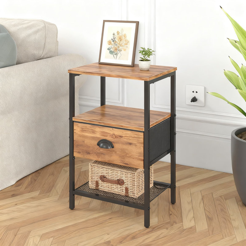 Nightstand Set Of 2 With Charging Station, Fabric Drawer And 2-Tier Storage Shelf, Rustic Brown Bedside Table For Bedroom And Living Room
