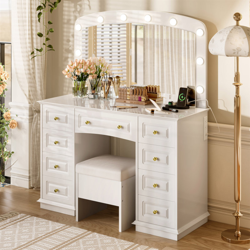 Coiffeuse luxueuse avec 10 ampoules Hollywood, 3 modes d'éclairage couleur, une coiffeuse classique avec tabouret rembourré et 9 tiroirs de rangement pour la chambre à coucher, blanc