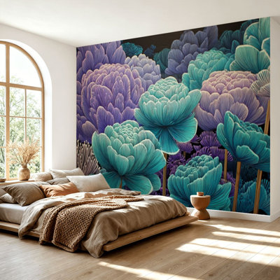 Papier peint adhésif auto-adhésif moderne pour la chambre à coucher avec jardin aquarelle bioluminescent