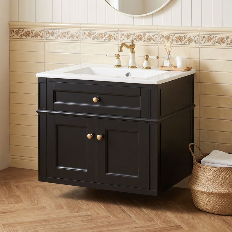 Meuble-lavabo mural avec lavabo en céramique, Black
