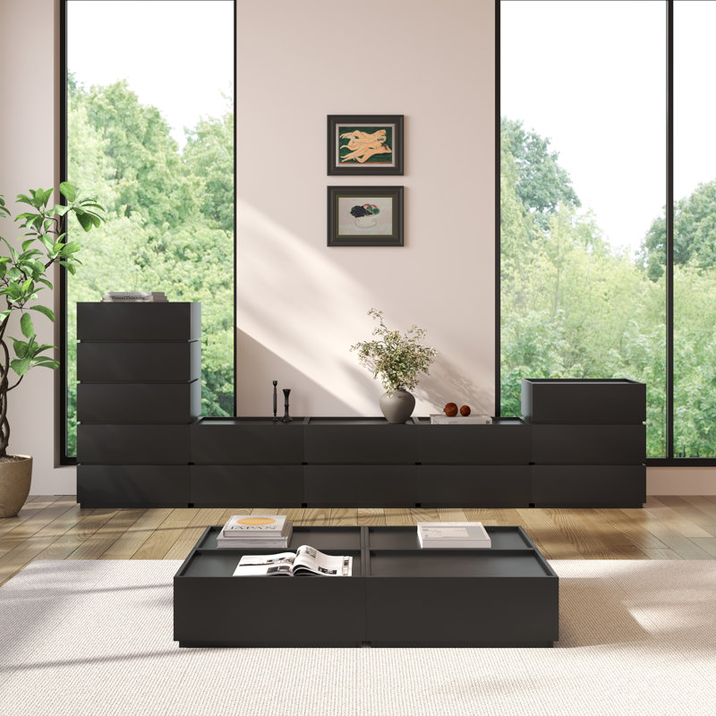 Heckman Modern Modular Light Oak Coffee Table With 4 Storage Chest, Modular Assembly, Black