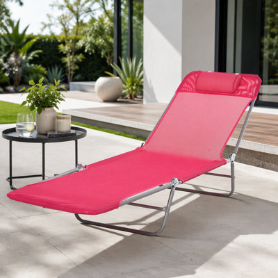 Chaise longue pliante Outsunny, chaise longue de bronzage avec dossier inclinable, siège en filet respirant et appui-tête pour la plage, la cour, le patio, le rose