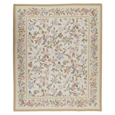 Tapis unique noué à la main beige / rose / vert de haute qualité