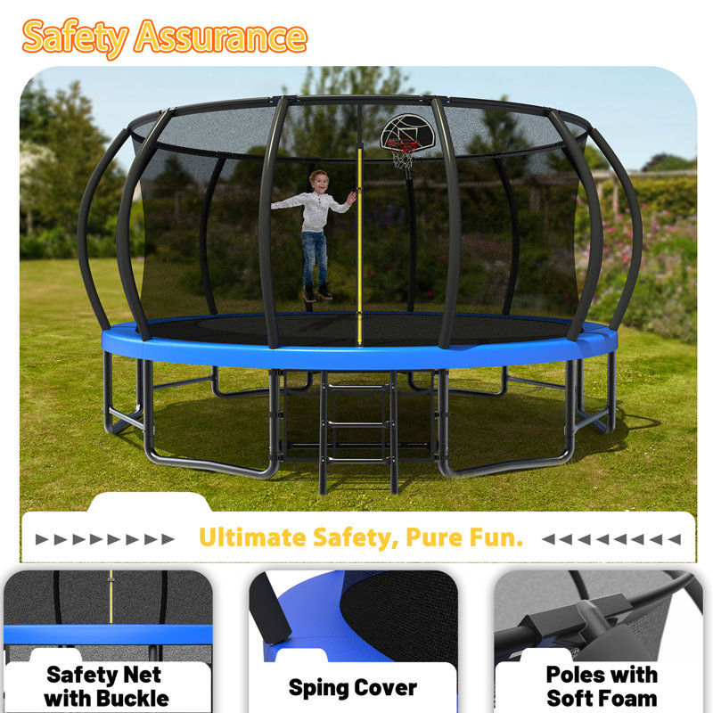 Trampoline d'extérieur 16 pi pour enfants et adultes, trampolines citrouilles avec poteaux courbés, enduit antirouille robuste homologué ASTM