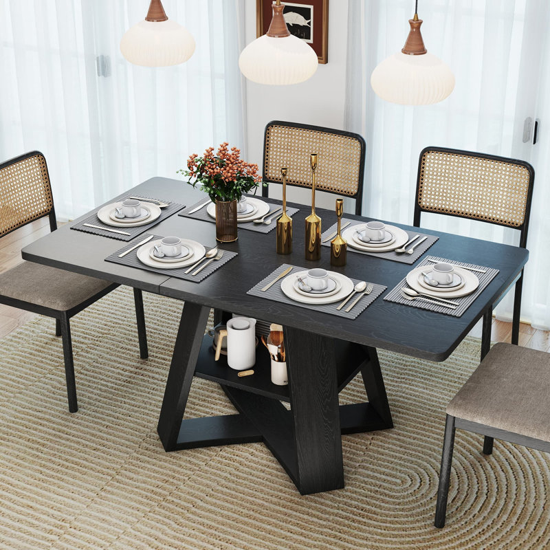 47 Inch - 67 Inch Extendable Dining Table For 4-6, Rectangle Kitchen Table With Removable Leaves And Storage, Black