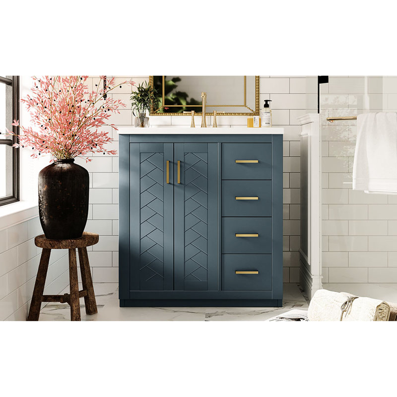 Meuble-lavabo de 30 po avec charnières en bois massif avec charnières, 3 tiroirs, motif rainuré unique, lavabo en céramique de couleur bleue, cadre, planches, grand espace de rangement, style rétro, poignée en métal exquise, tiroir lisse