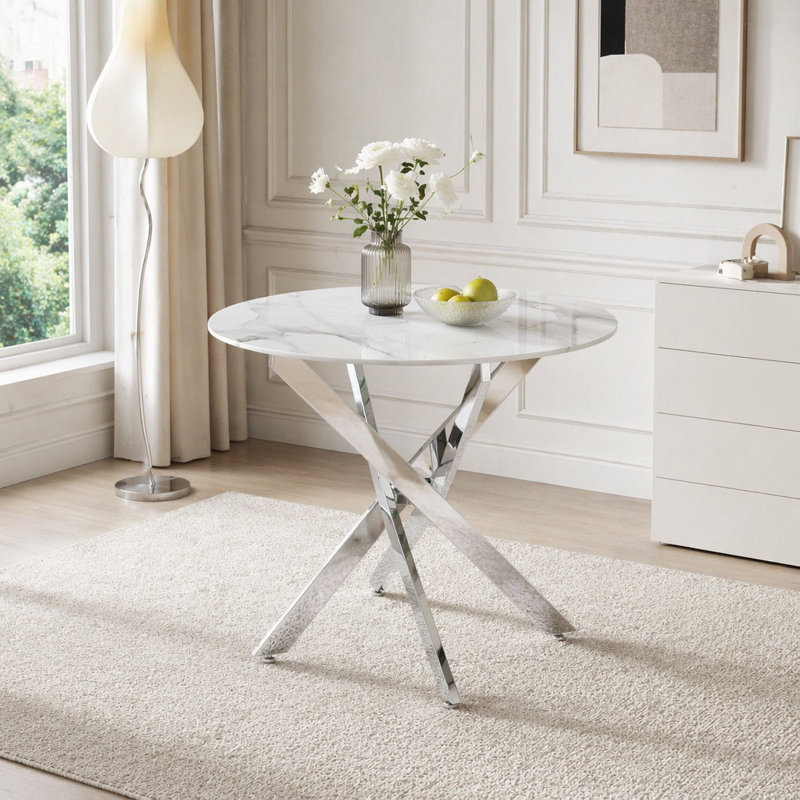 Table ronde moderne en verre avec structure en métal, Silver