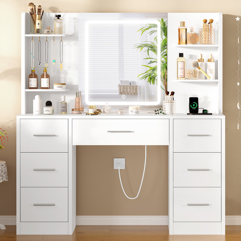 Makeup Vanity Table With Hd Lighted Mirror, Power Outlet,7 Drawers,4 Shelves,5 Jewelry Hooks