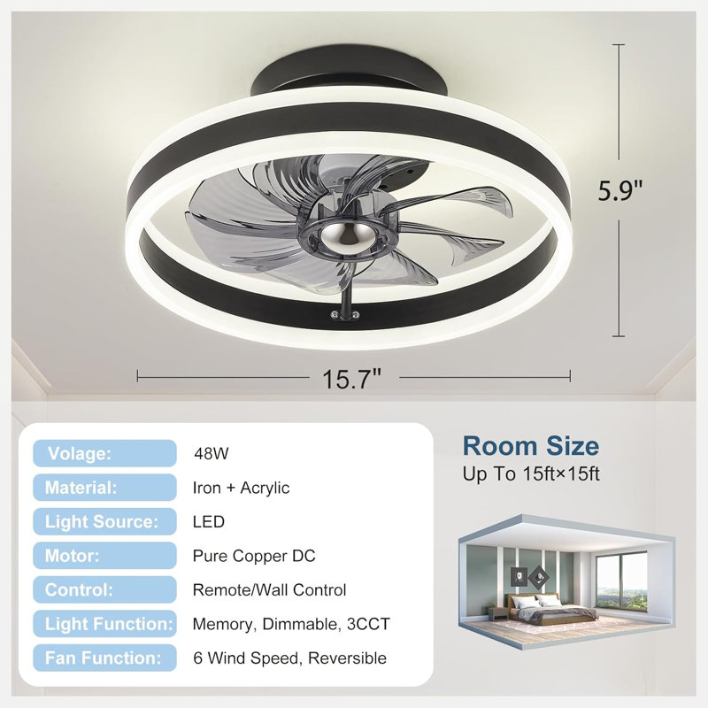 Modern Ceiling Fans with Light and Remote, 16in Dimmable Flush Mount Ceiling Fans with 6 Speeds, Quiet Reversible Ceiling Fan for bedroom, Living Room, Kitchen (Black)