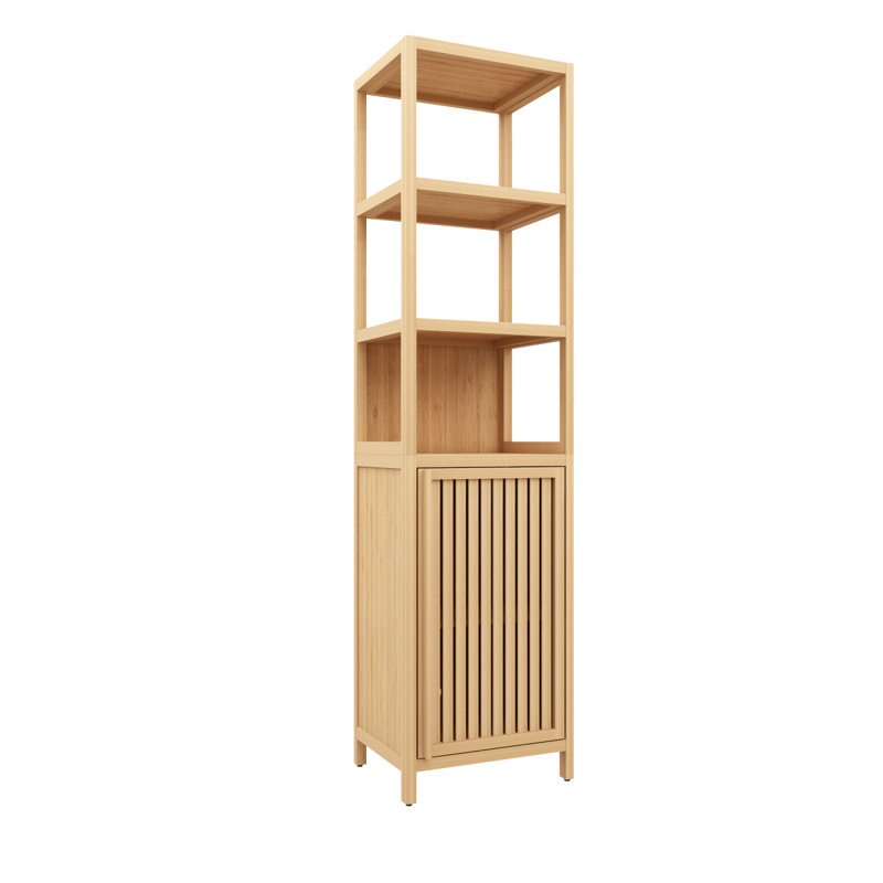 Storage Tall Slim Cabinet With Shutter Door And 3 Tier Shelves, Freestanding Linen Tower Cabinet For Living Room, Kitchen, Bathroom Organizer, Natural Bamboo