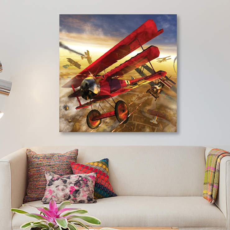 " German Triple Wing Biplane The Red Baron, WWI Western Front Air Assault " by Kurt Miller, 12" H x 12" W x 0.75" D, No Mat