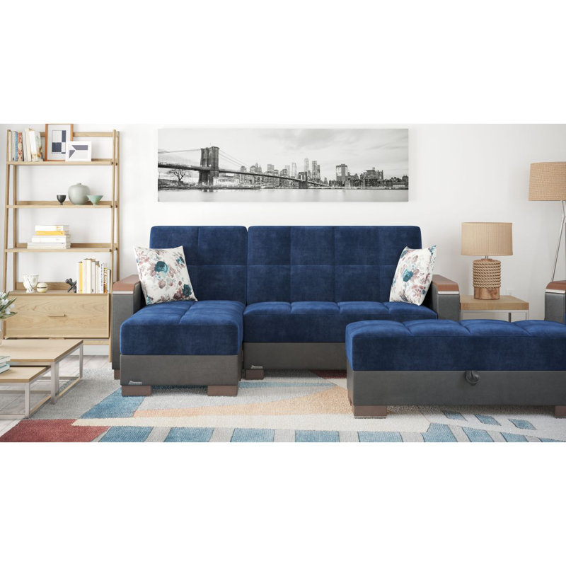 Chaise longue rembourrée en bois avec rangement Primenest Zenaero, Bleu