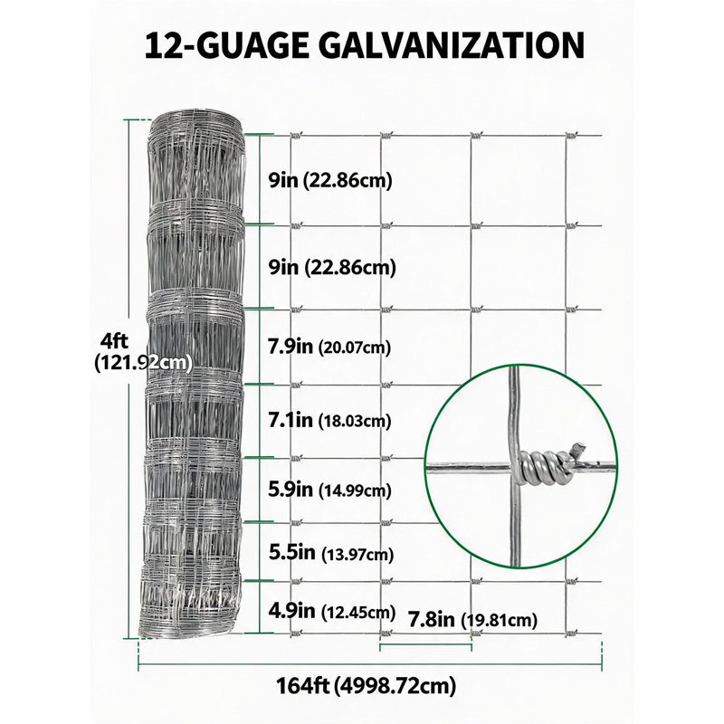 6ft x 164ft(1.2x50M) Hot Dipped Galvanized Wire Mesh Roll Stock Fence Livestock Fencing, Heavy Duty Galvanized Wire Fence for Horse Cow Sheep Deer Pig, Ideal As Goat Fencing, Deer Fence
