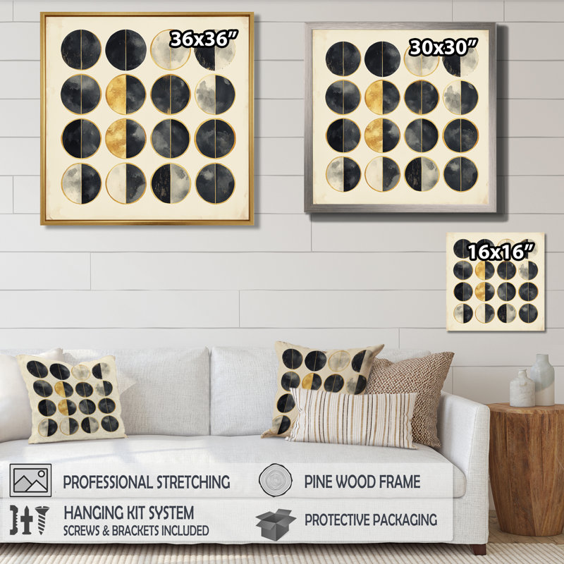 Phases lunaires jaunes et noires abstraites II - Tableau encadré de la Lune, H 30 po x l 30 po, Black Picture Framed