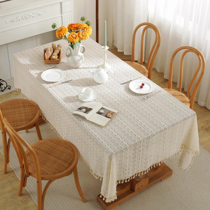 High Quality Washable Wrinkle Free Lace Tablecloth With Tassel, 78" L x 55" W