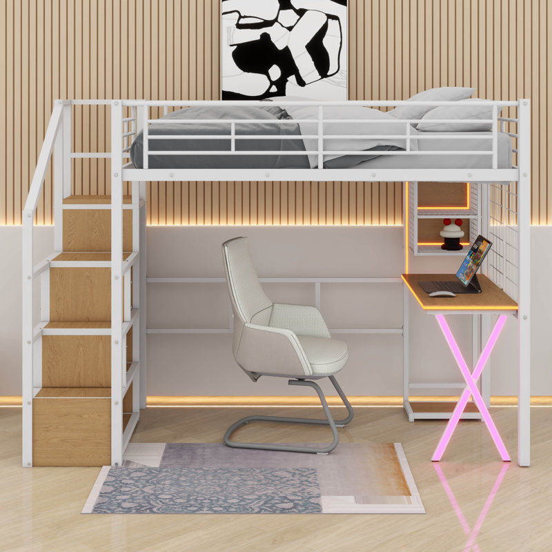 Twin Size Metal Loft Bed With Built-In Work Station, Wardrobe,LED And Storage Staircase