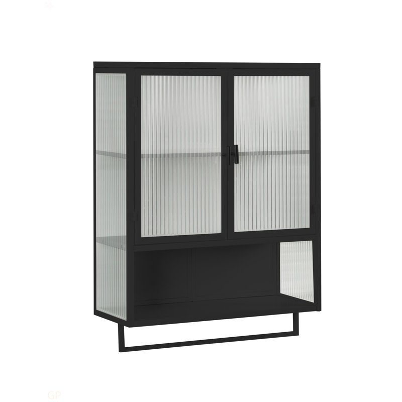 Armoire murale moderne à deux portes de 23,62 po avec deux portes, un rangement fermé à deux niveaux, une tablette ouverte et un porte-serviettes, pour le vestibule, le salon, la salle à manger et la salle à manger