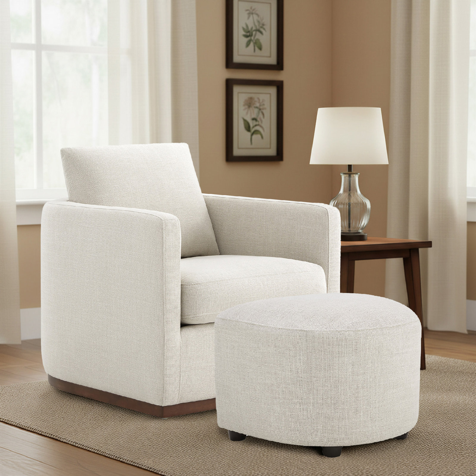 Bobbi 22" Cotton Upholstered Ottoman, Effie Linen Performance Weave