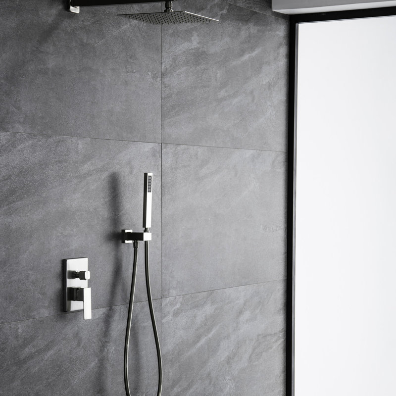 Robinet de douche mural 10 po, douche à main carrée, nickel brossé, valve d'équilibre, 2 têtes, pluie en laiton massif avec finition nickel, laiton, design